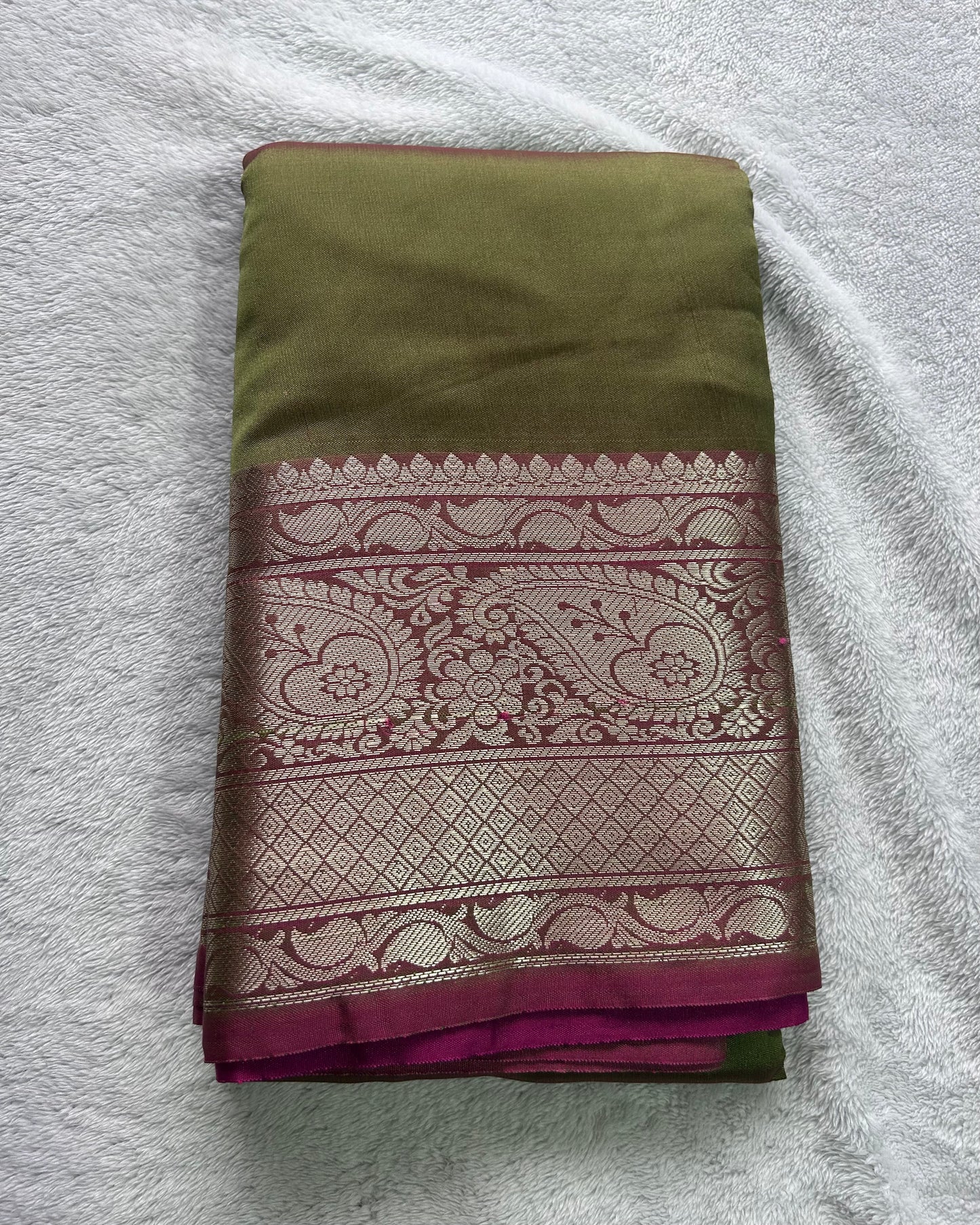 Light mehendi green with pink blouse semi silk saree