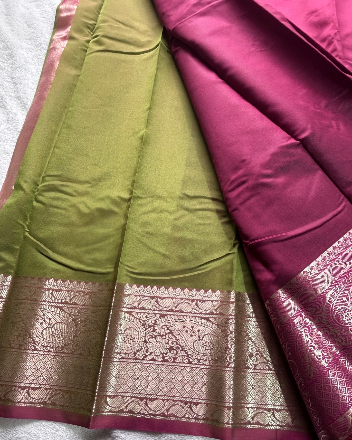 Maroon with light mehndi green blouse semi silk saree
