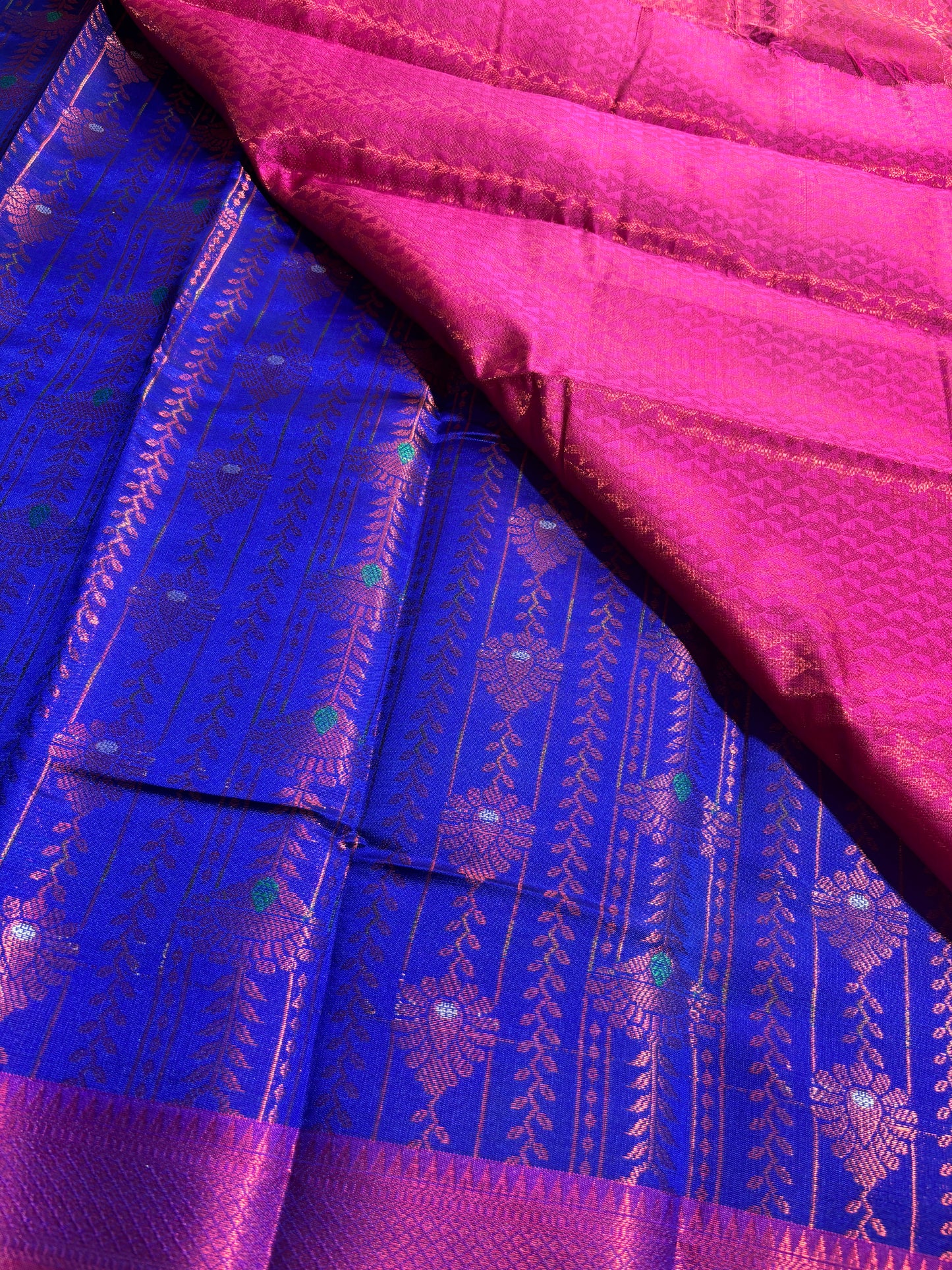 Blue with pink contrast blouse semi silk saree
