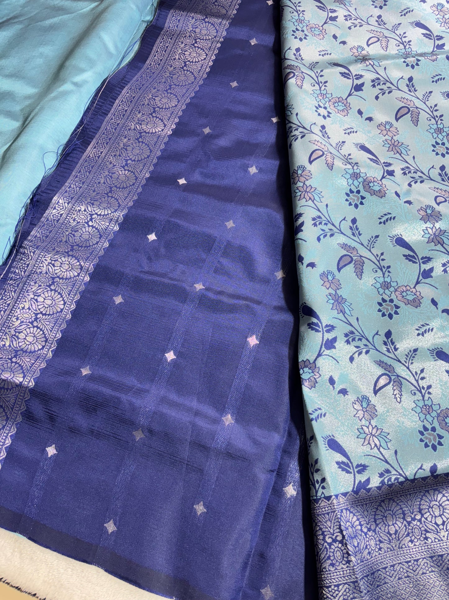 Sky blue with navy blue contrast blouse semi silk saree