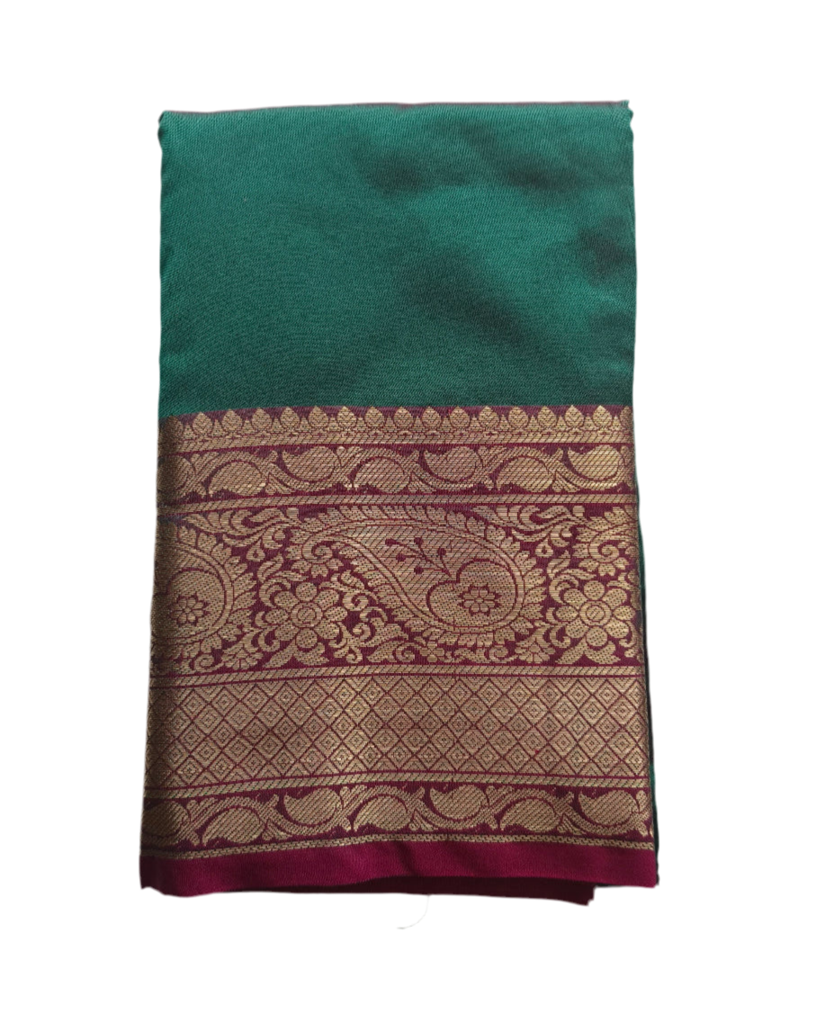 Elegant Semi Silk Saree in Teal Green & Pink with Rich Zari Border