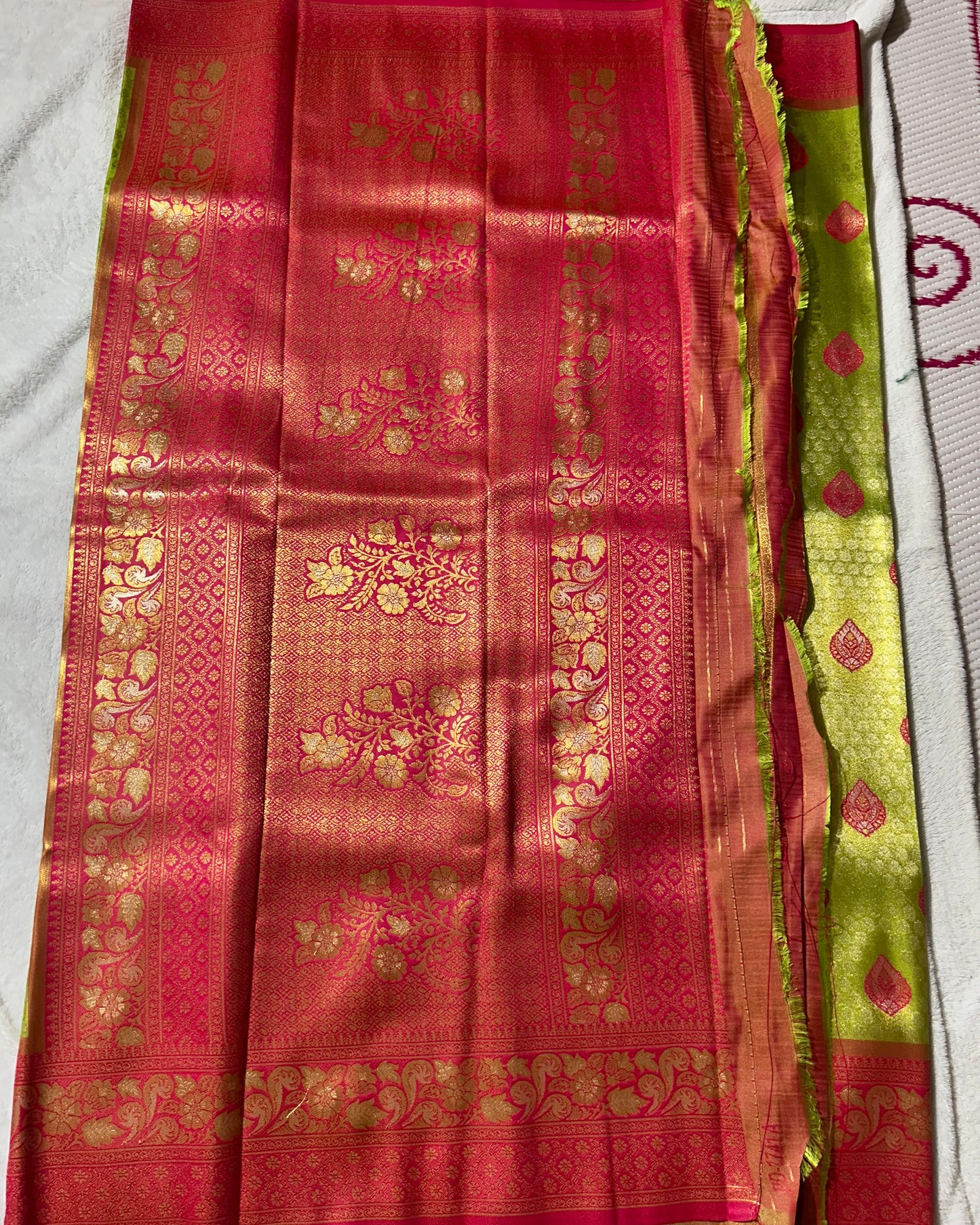 Parrot Green with Pink Banarasi Kanchipuram silk saree