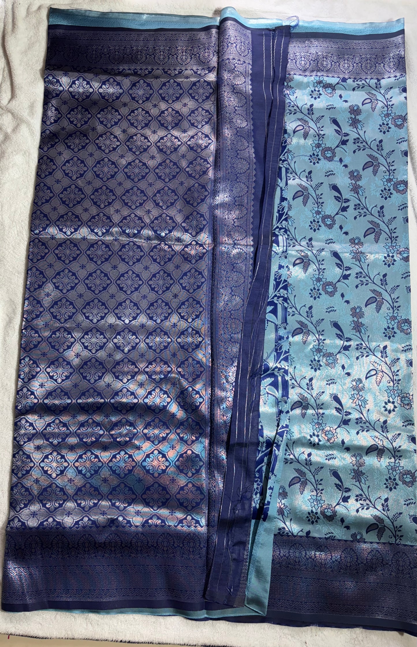 Sky blue with navy blue contrast blouse semi silk saree