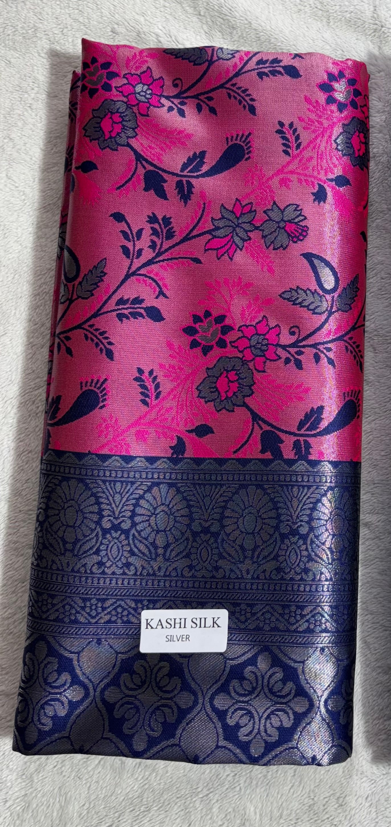 Pink with navy blue contrast blouse semi silk saree