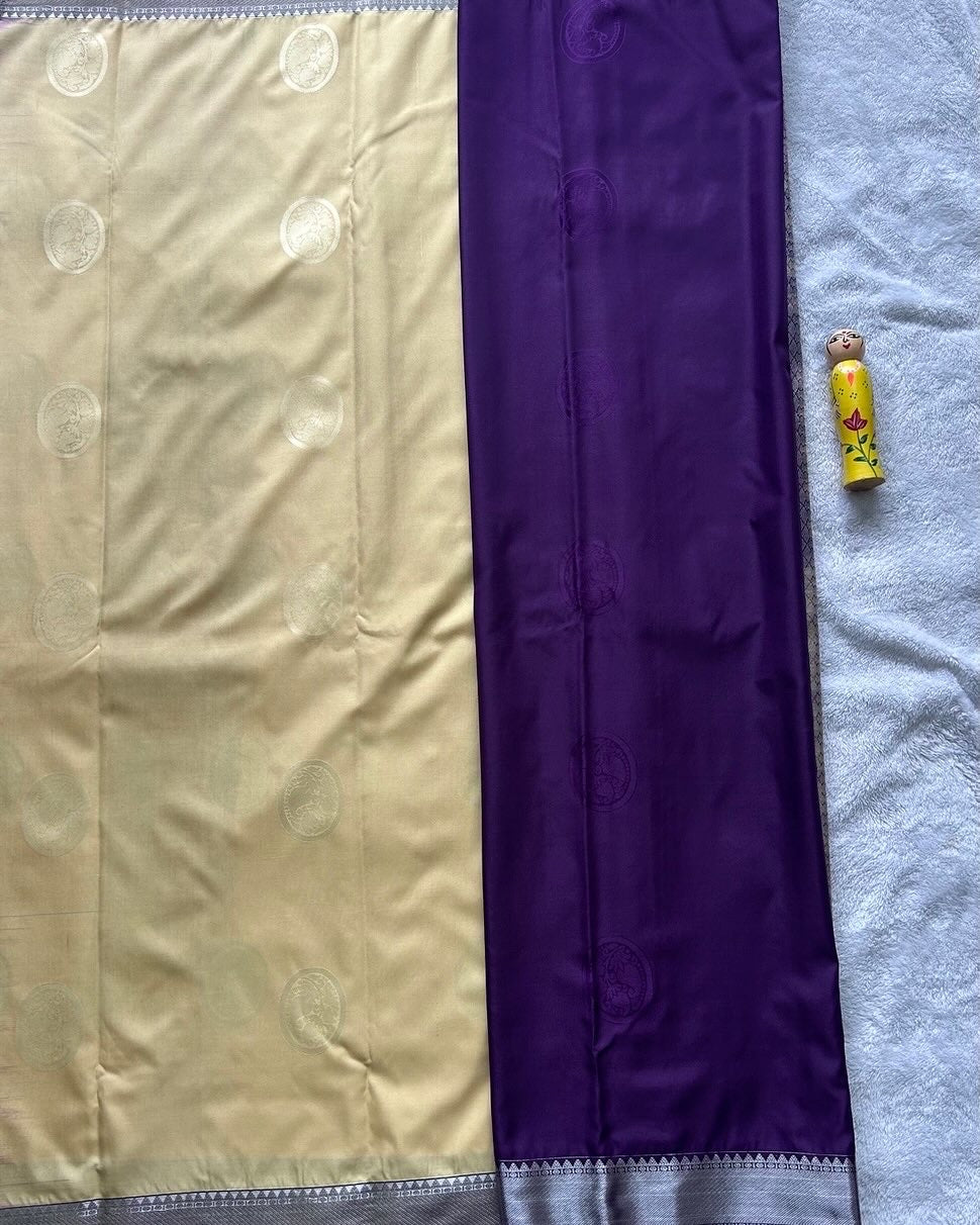 Off white with Purple Kanchipuram handloom soft silk saree