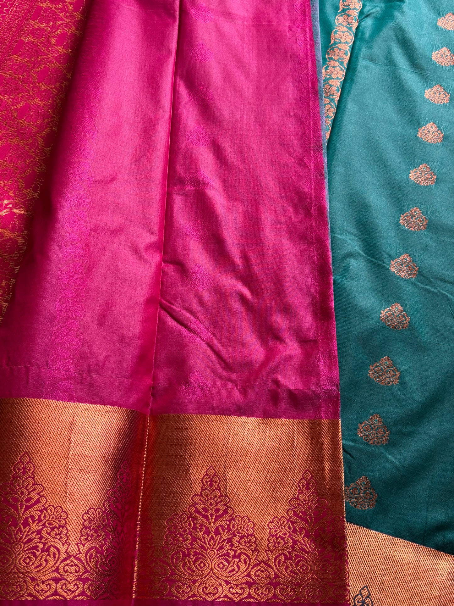 Kanchipuram handloom soft silk saree Green with Rani pink