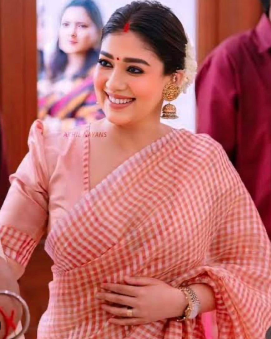 Nayanathara inspired cotton silk checks saree in orange