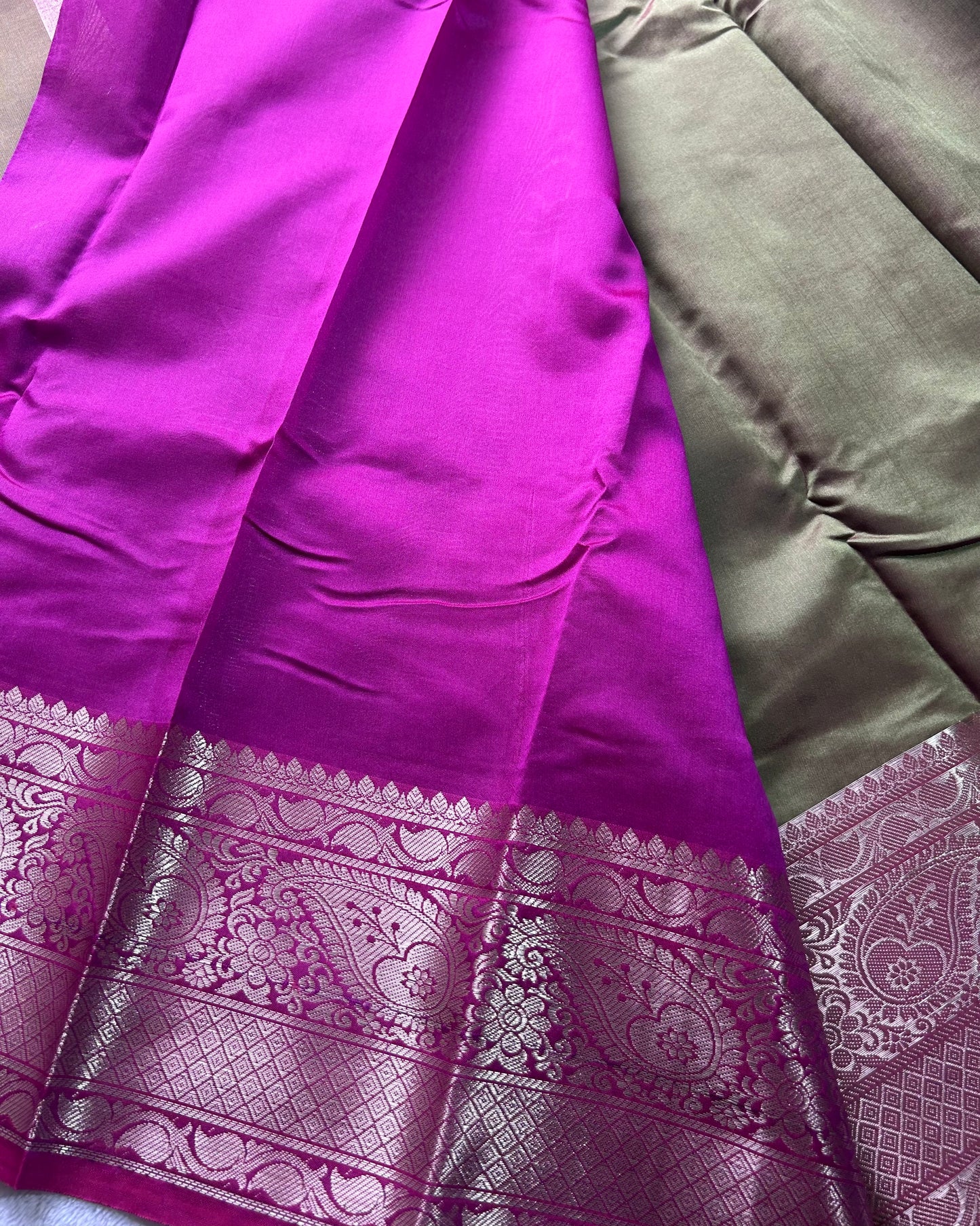 Light mehendi green with pink blouse semi silk saree