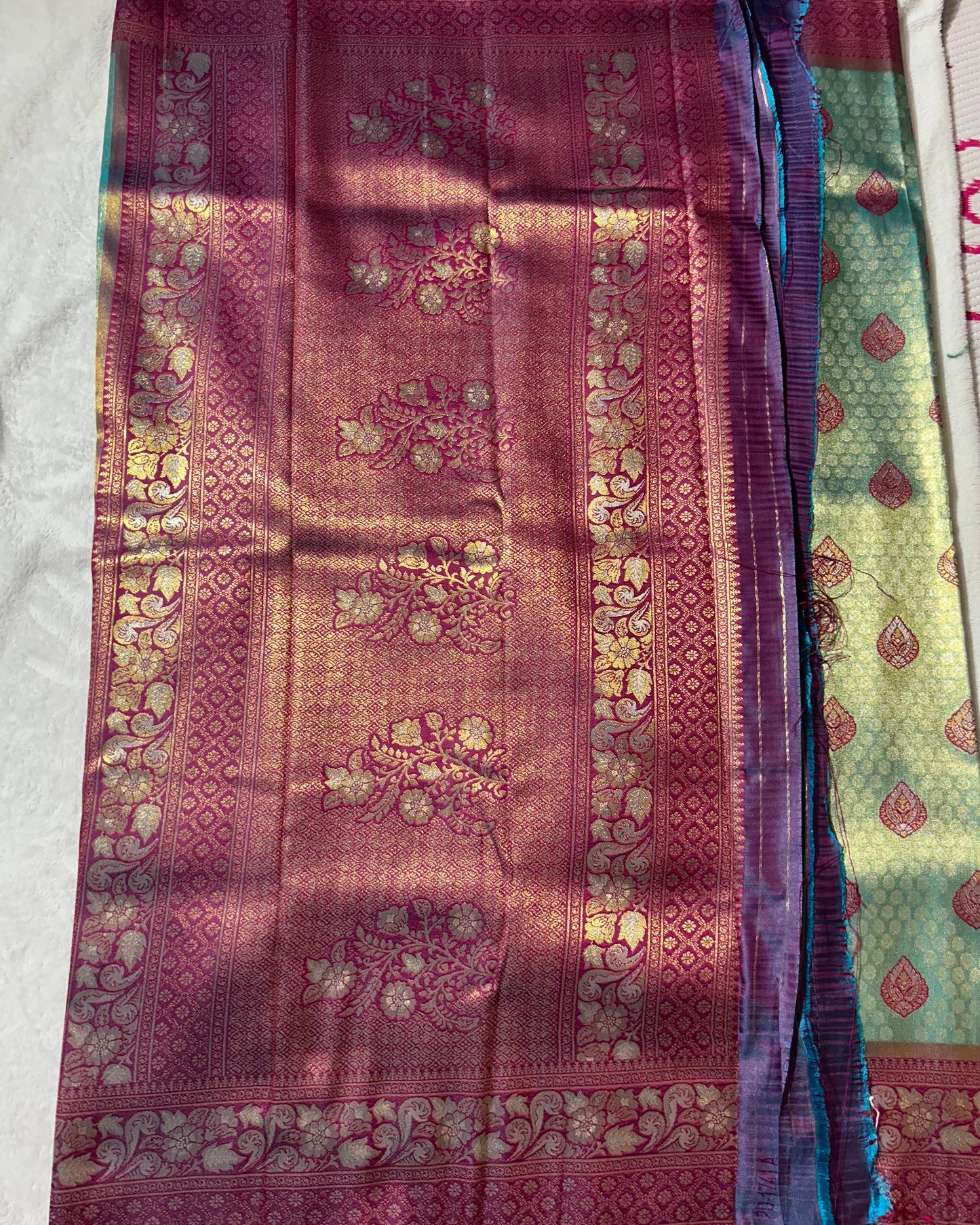 Rama Green with Maroon Banaras Kanchipuram silk saree