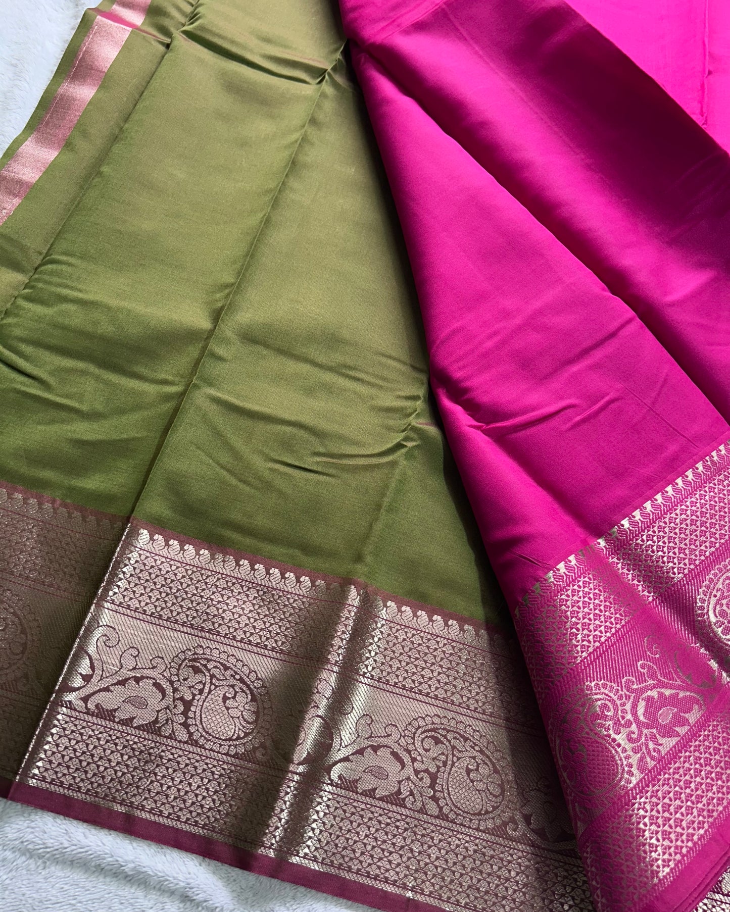 Rani pink with mehendi green contrast blouse semi silk saree