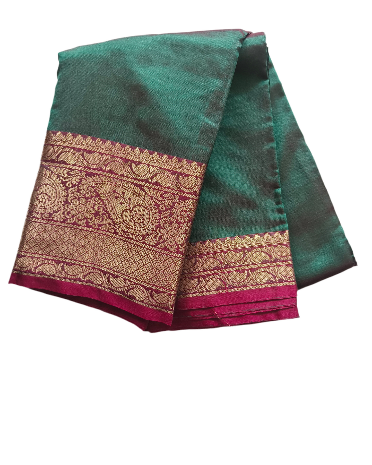 Elegant Semi Silk Saree in Teal Green & Pink with Rich Zari Border