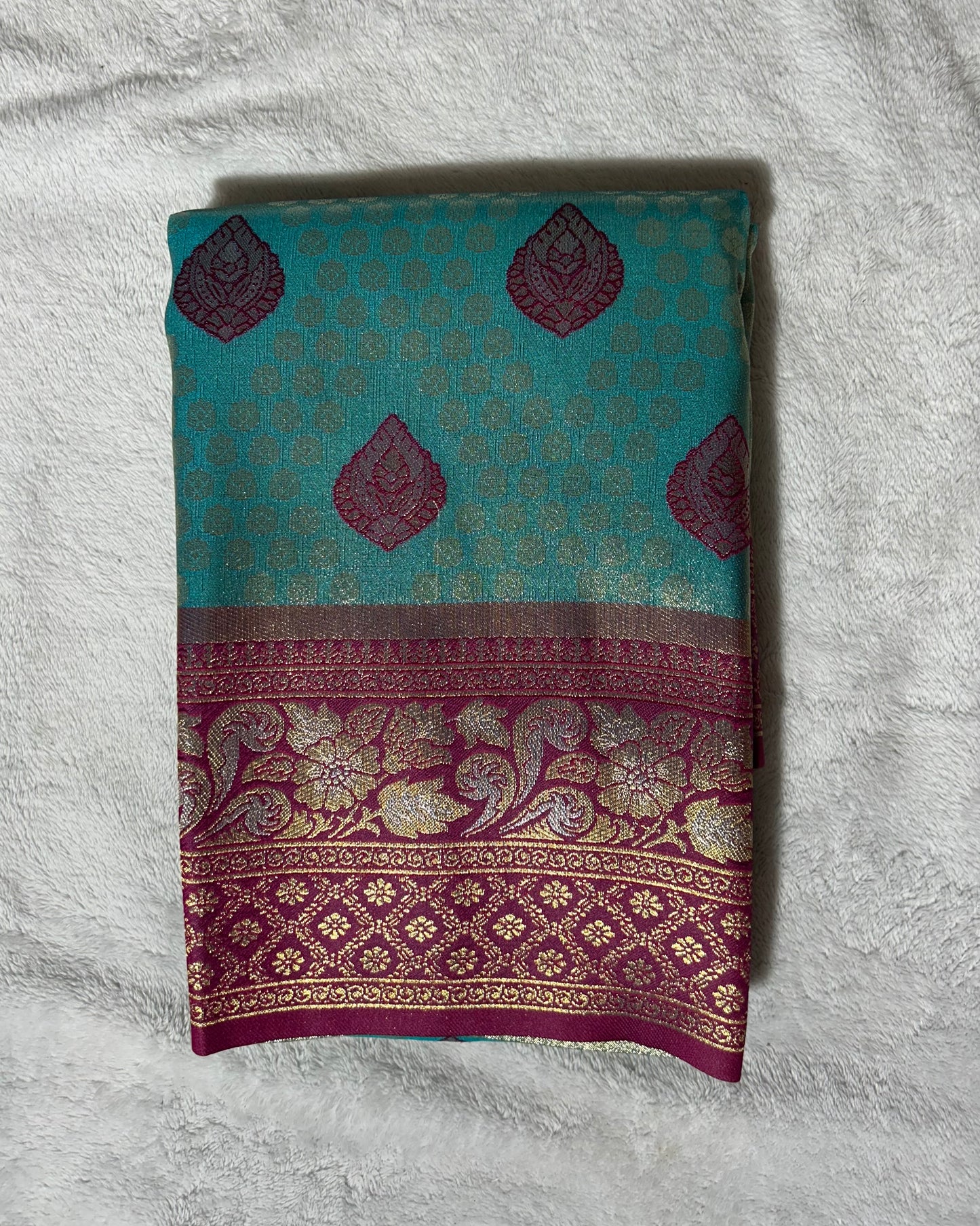 Rama Green with Maroon Banaras Kanchipuram silk saree