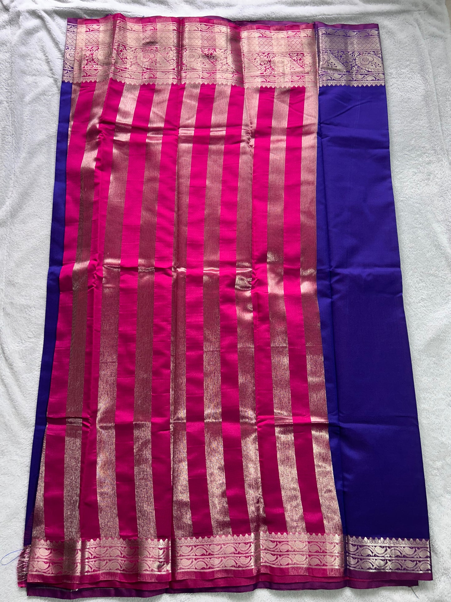 Semi silk saree in BLUE and PINK contrast with rich Zari oven border