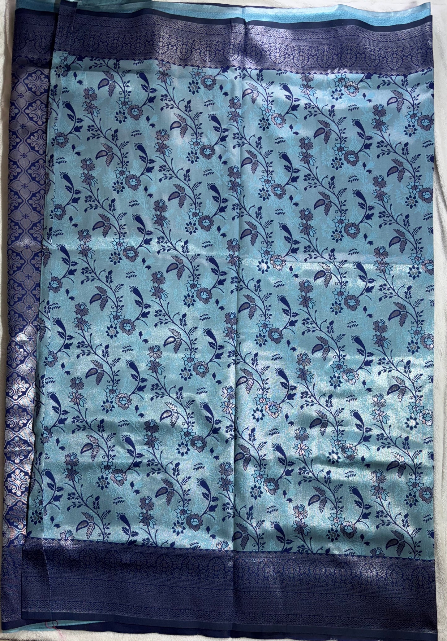 Sky blue with navy blue contrast blouse semi silk saree