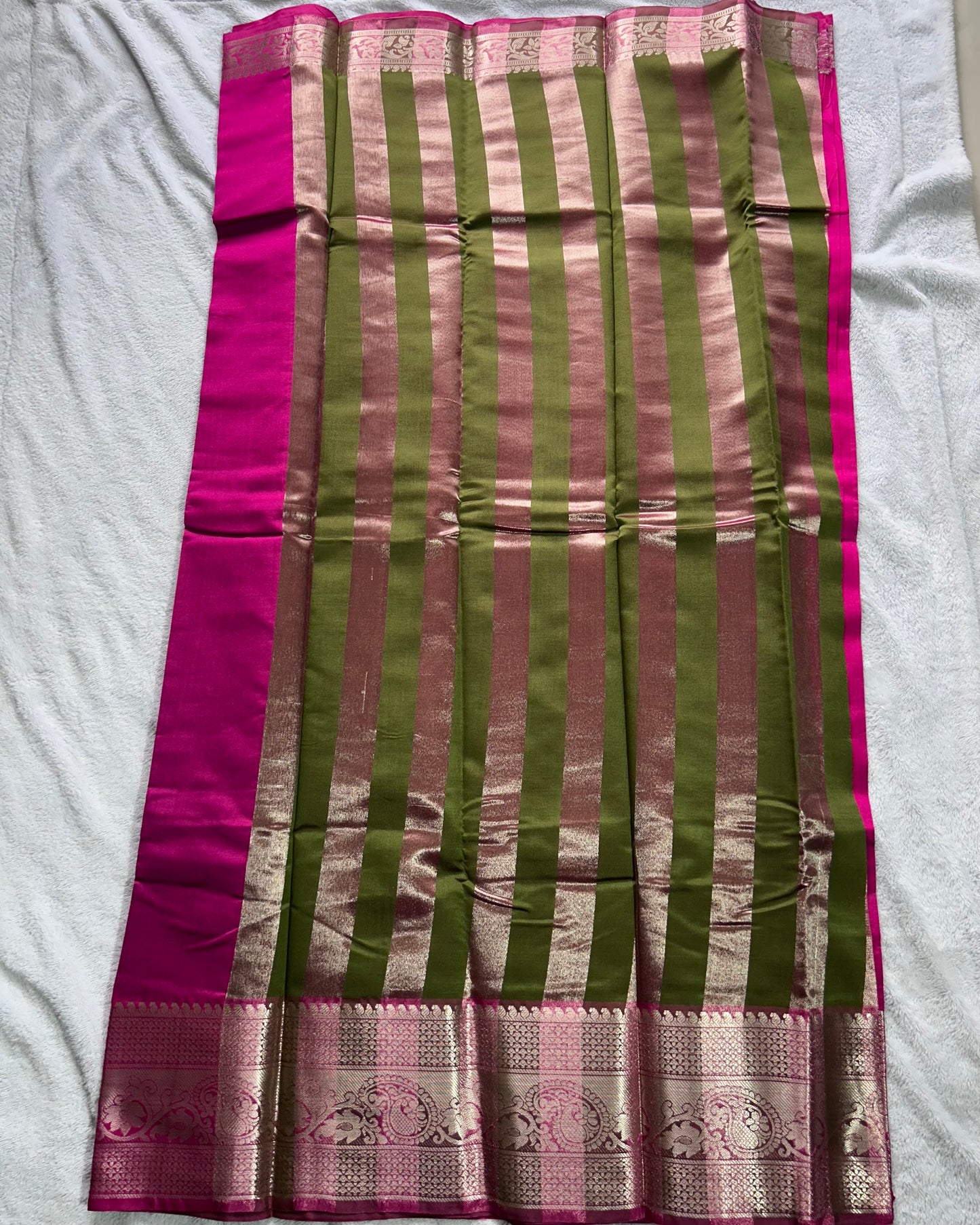Rani pink with mehendi green contrast blouse semi silk saree