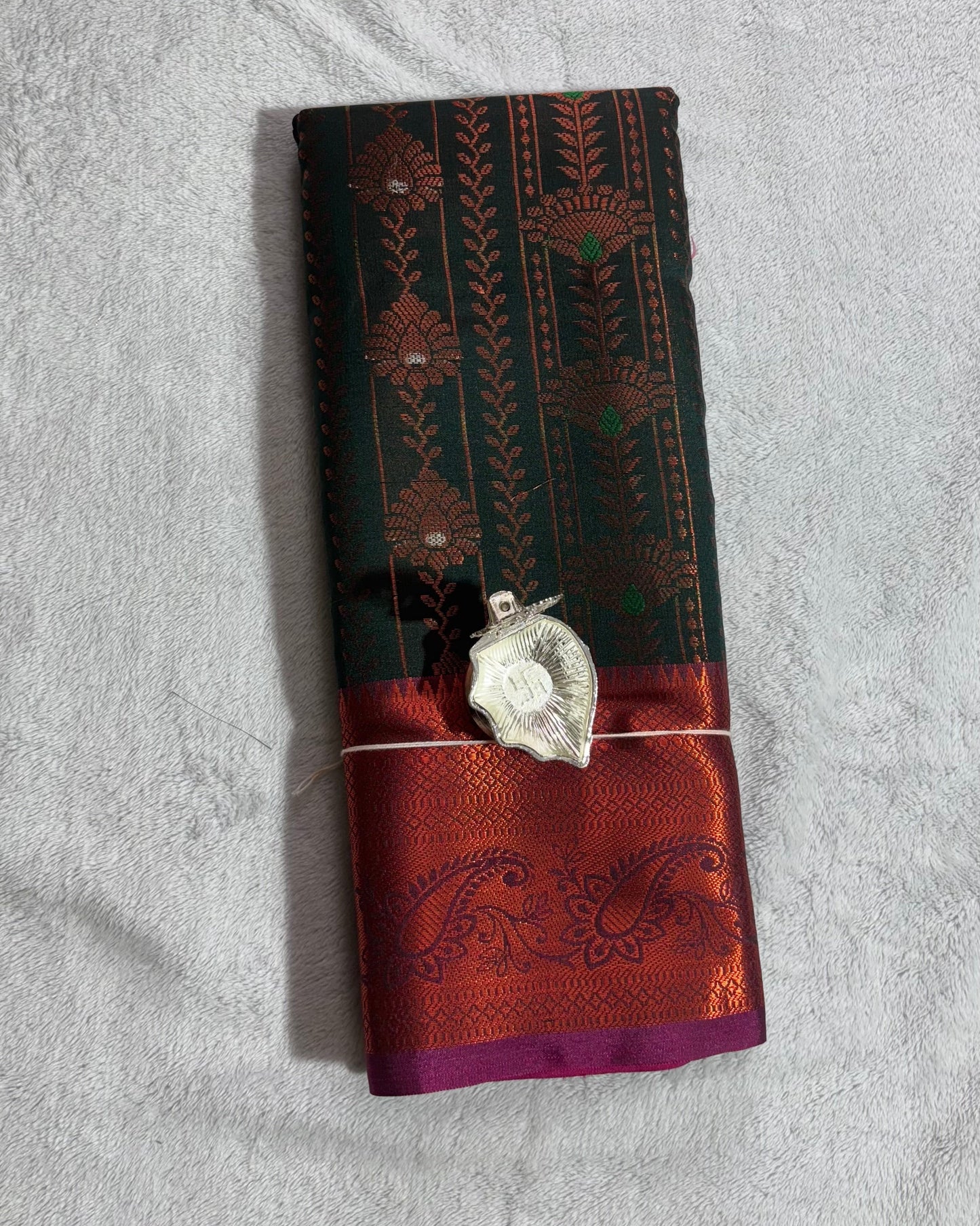 Dark green with pink brocade blouse semi silk saree