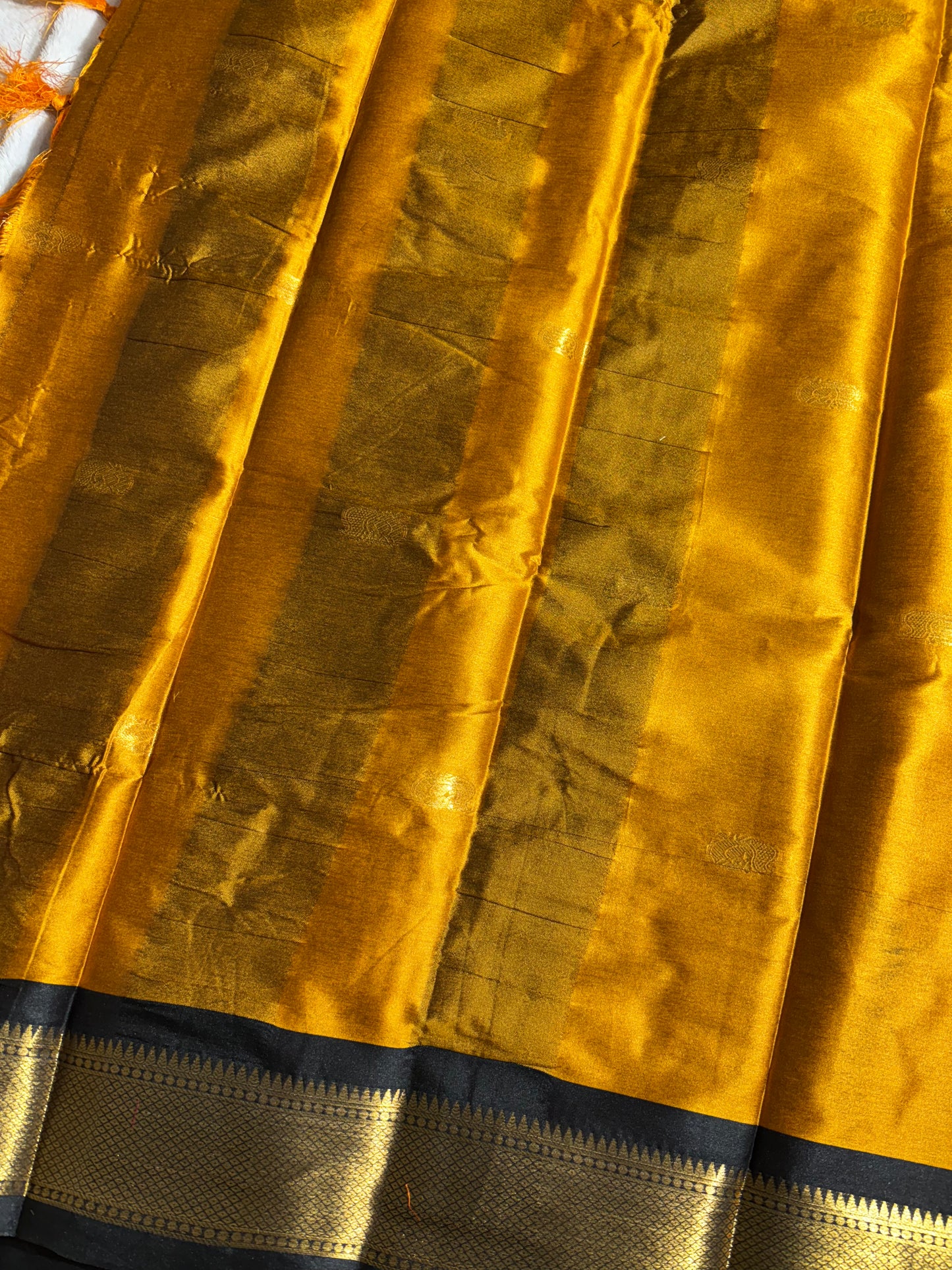 Mustard yellow with black silk cotton saree