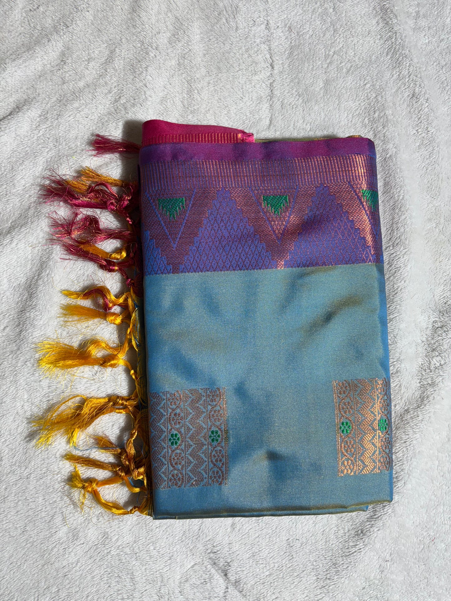 Sea blue with purple soft silk saree with temple border