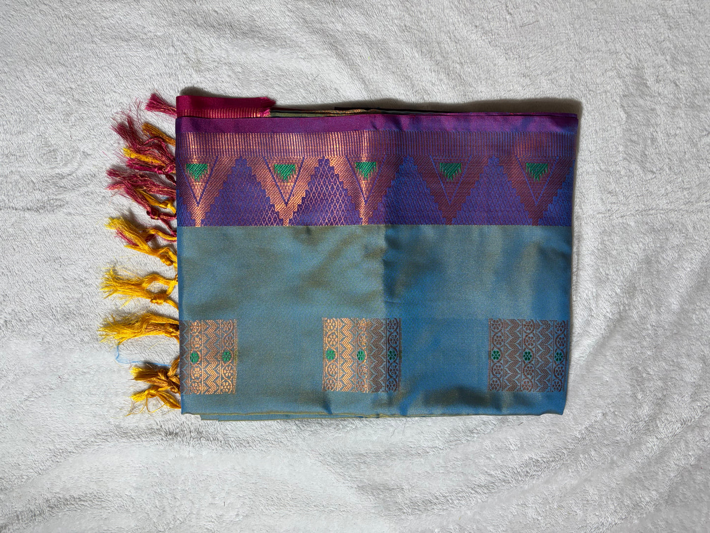 Sea blue with purple soft silk saree with temple border