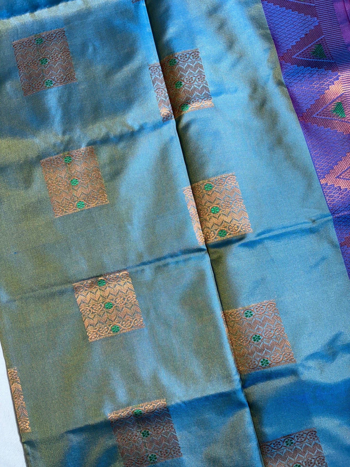 Sea blue with purple soft silk saree with temple border