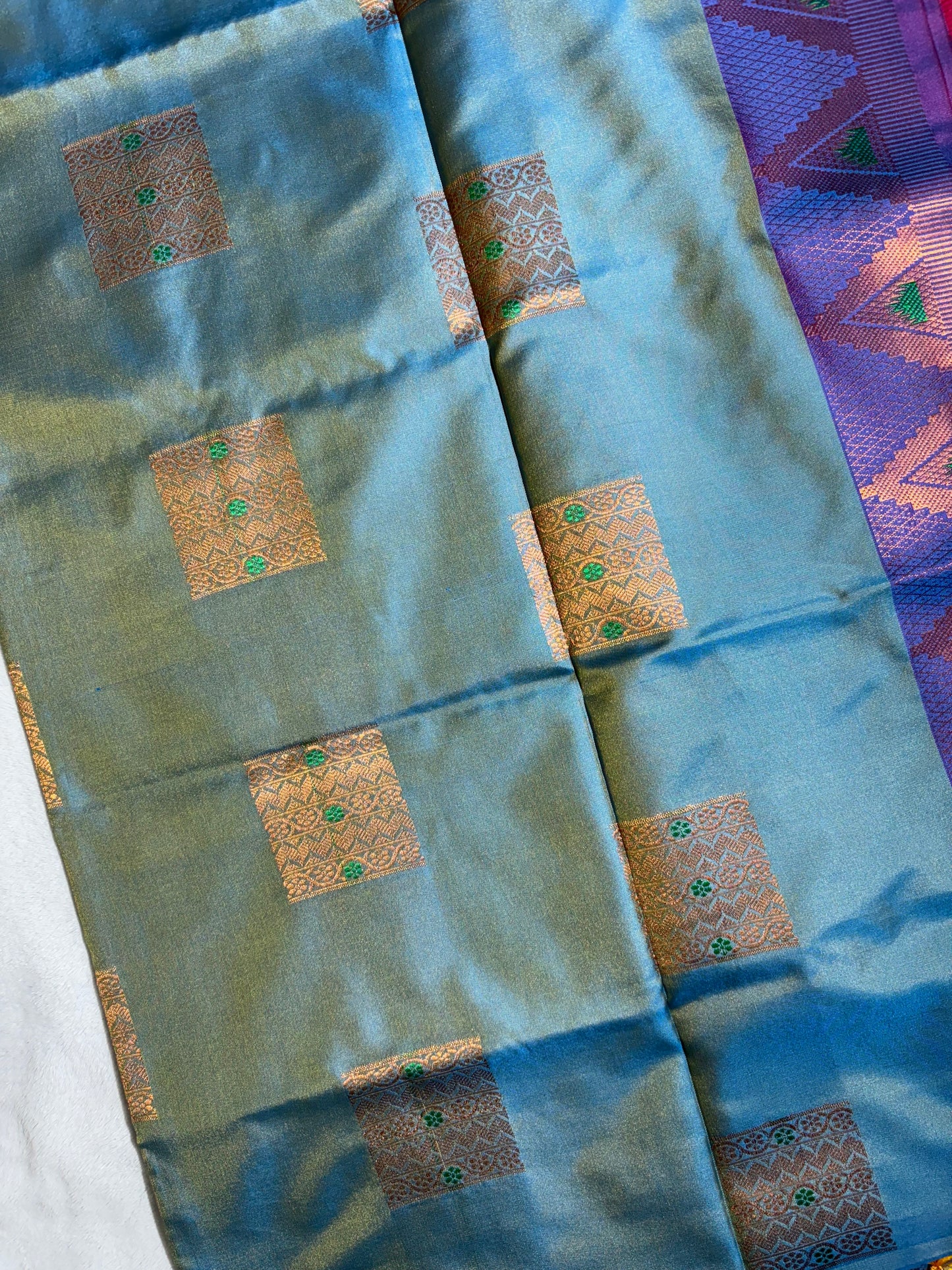 Sea blue with purple soft silk saree with temple border