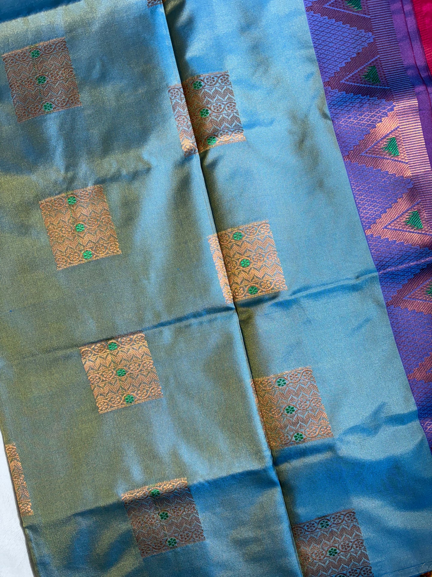 Sea blue with purple soft silk saree with temple border