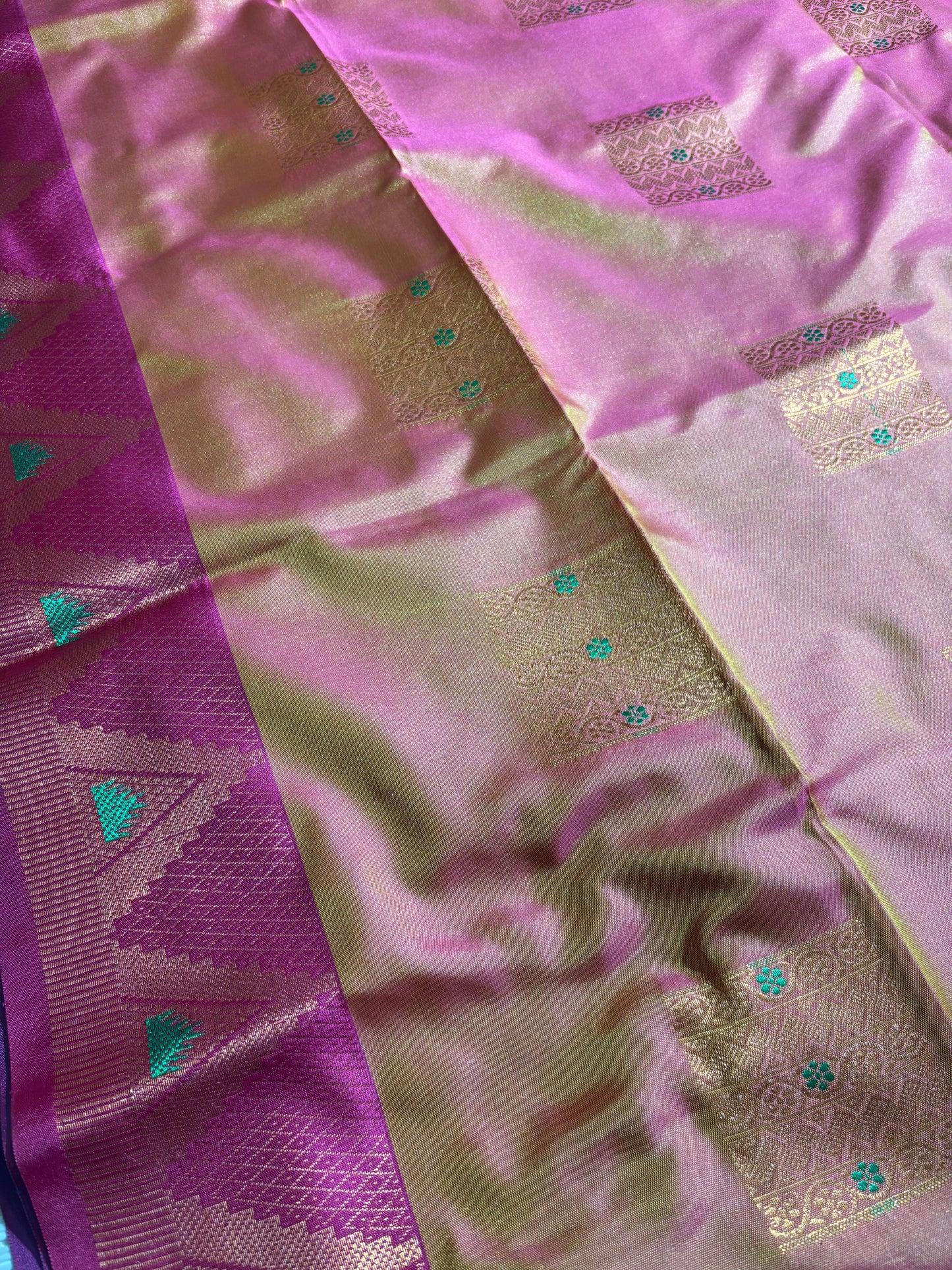 Sea blue with purple soft silk saree with temple border