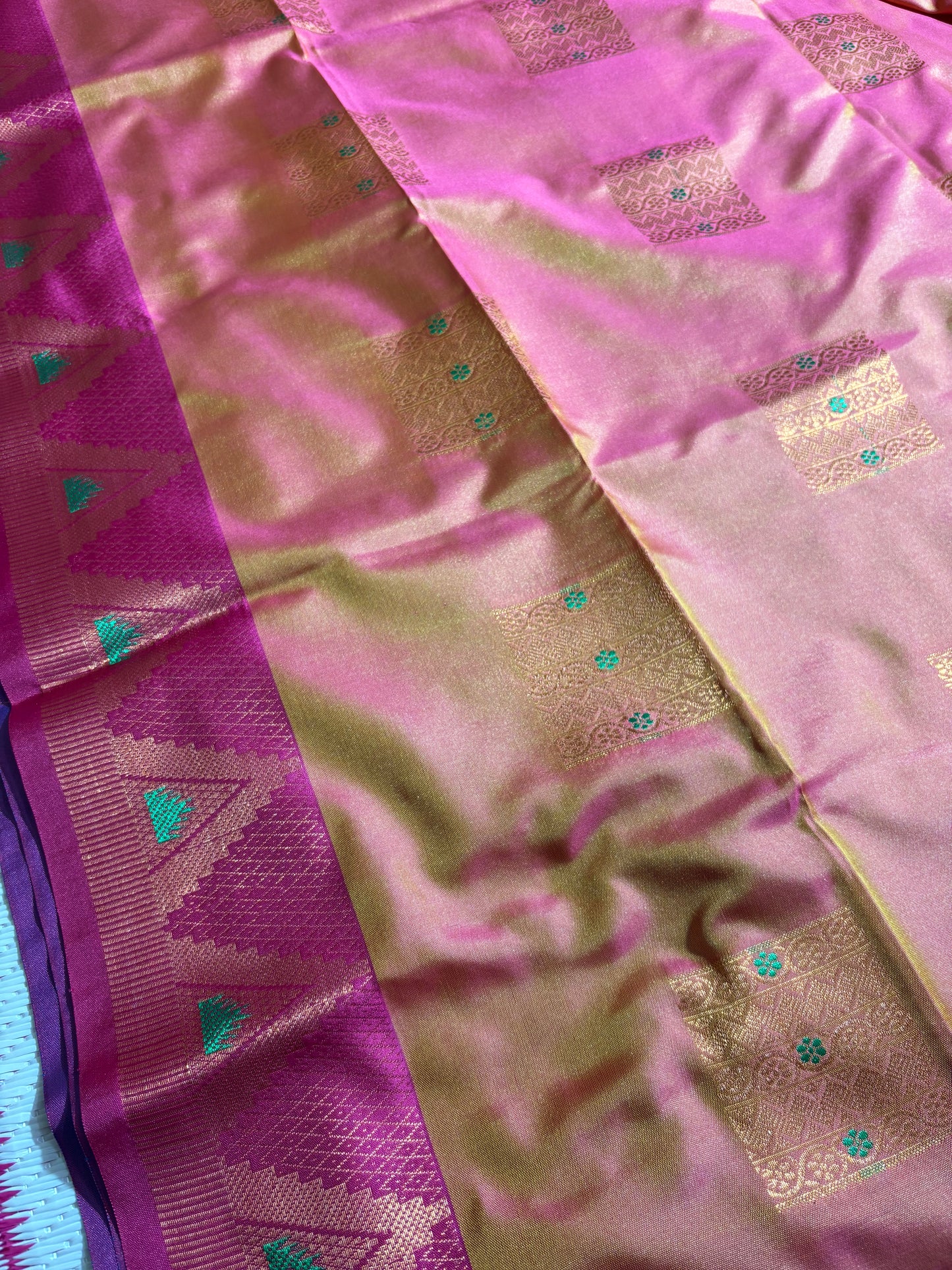 Sea blue with purple soft silk saree with temple border