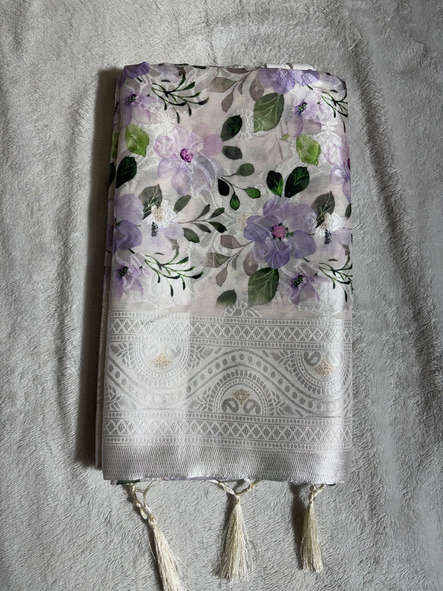white cotton silk saree with purple floral prints allover