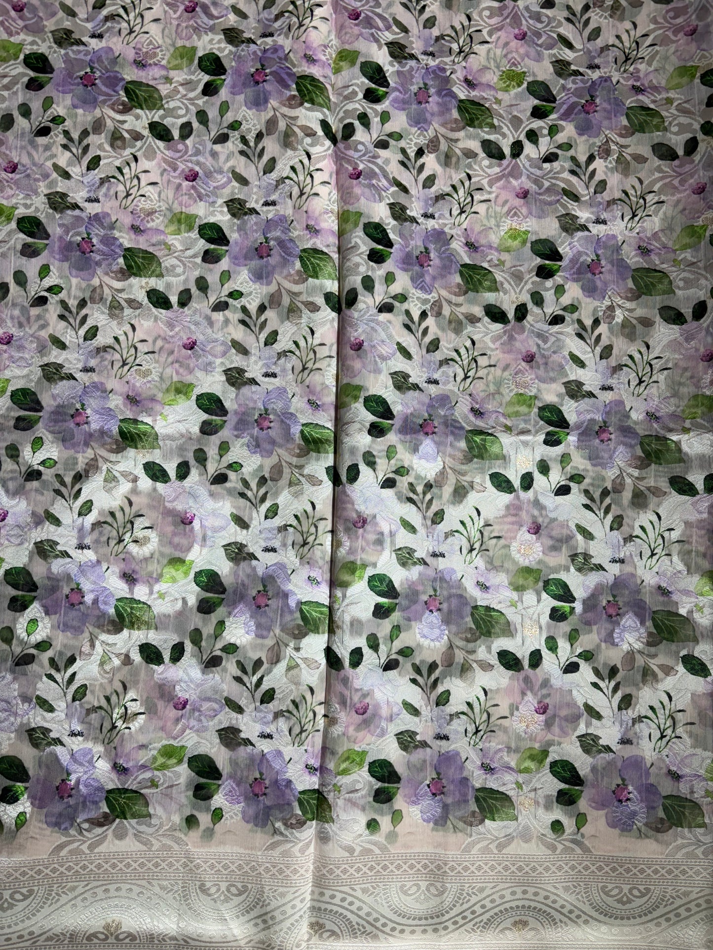 white cotton silk saree with purple floral prints allover