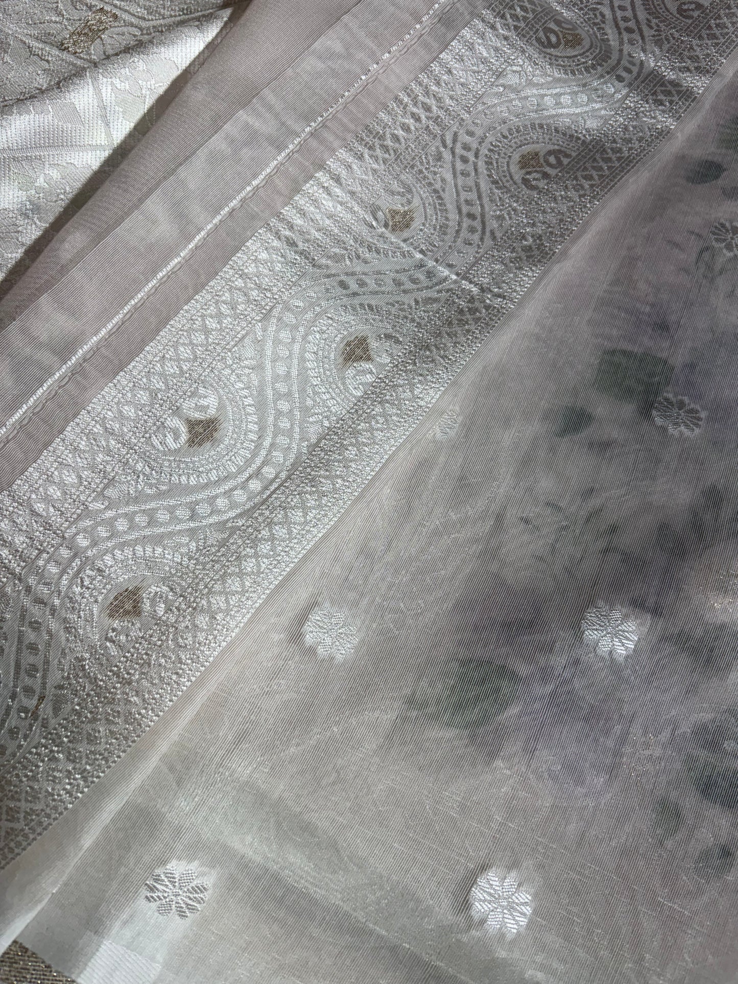 white cotton silk saree with purple floral prints allover
