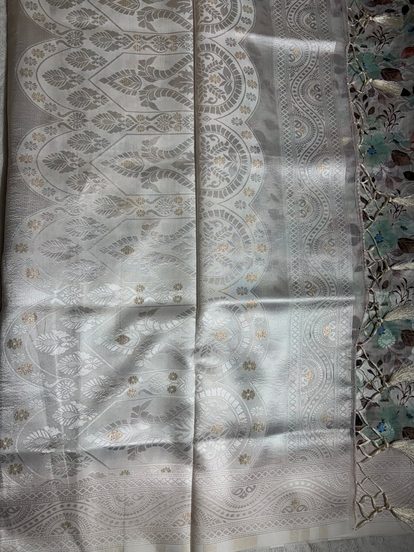 White cotton silk saree with Rama green floral print allover