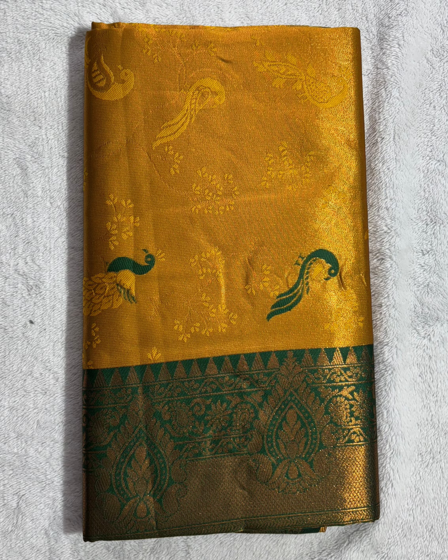 Mustard yellow with contrast dark green semi silk saree