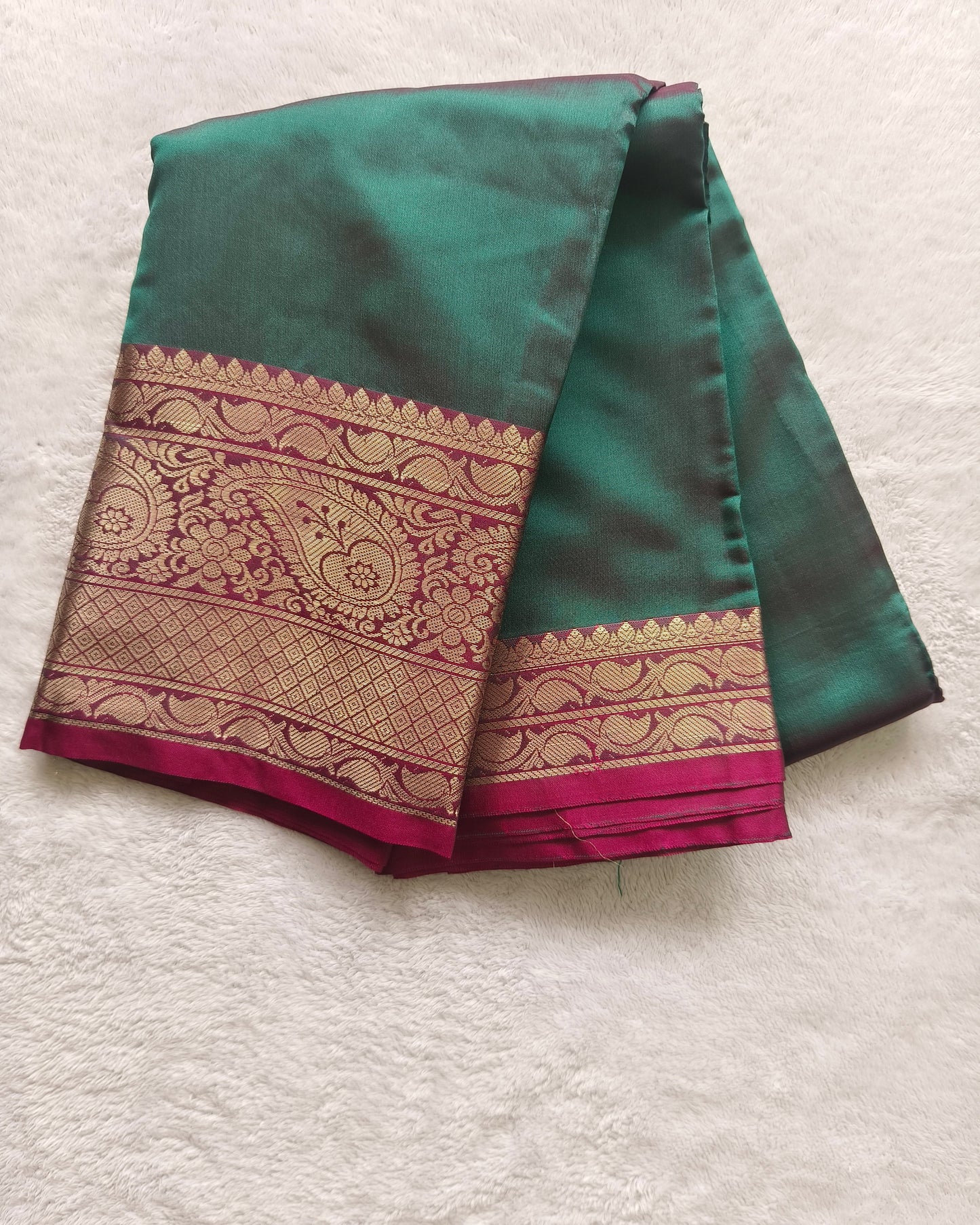 Elegant Semi Silk Saree in Teal Green & Pink with Rich Zari Border