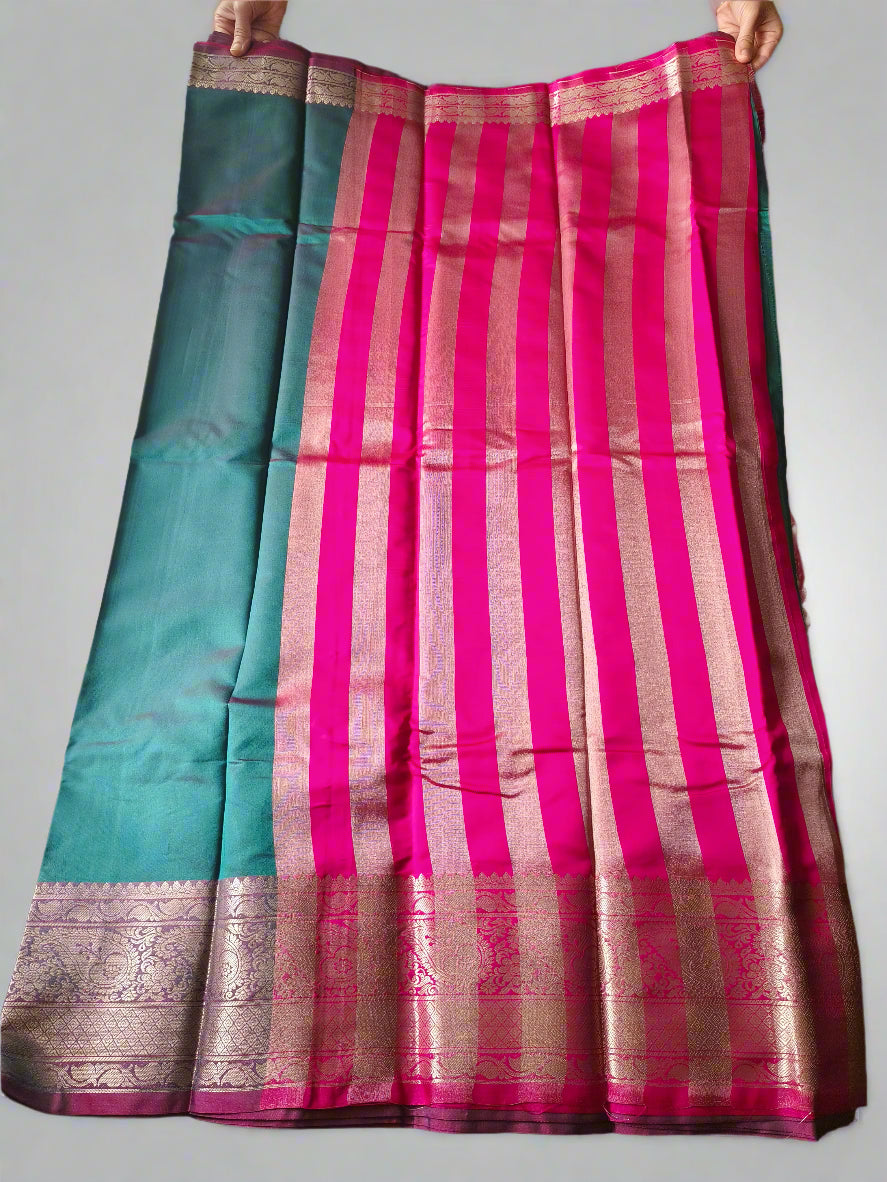 Elegant Semi Silk Saree in Teal Green & Pink with Rich Zari Border
