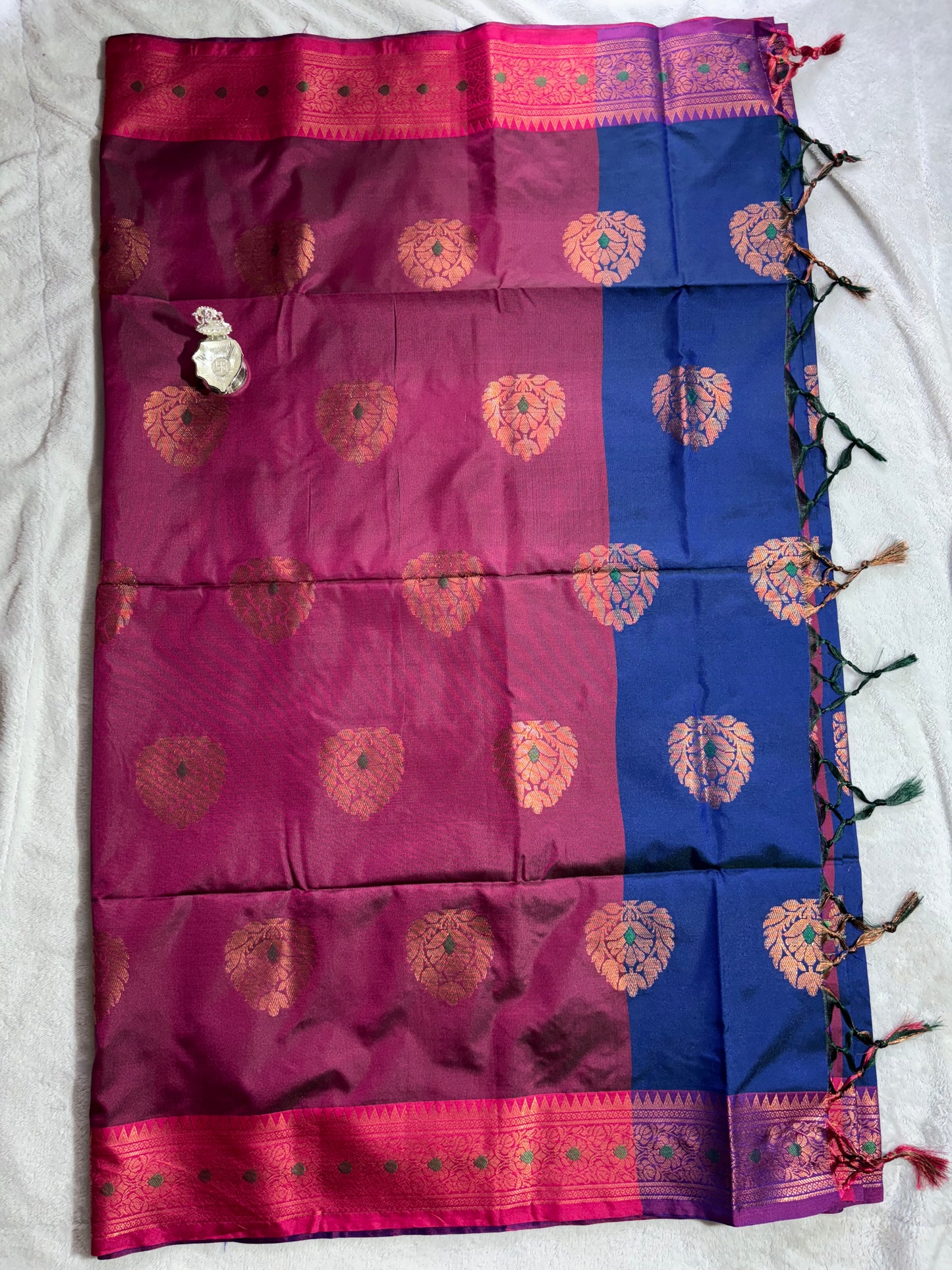 Blue with pink contrast blouse soft silk saree