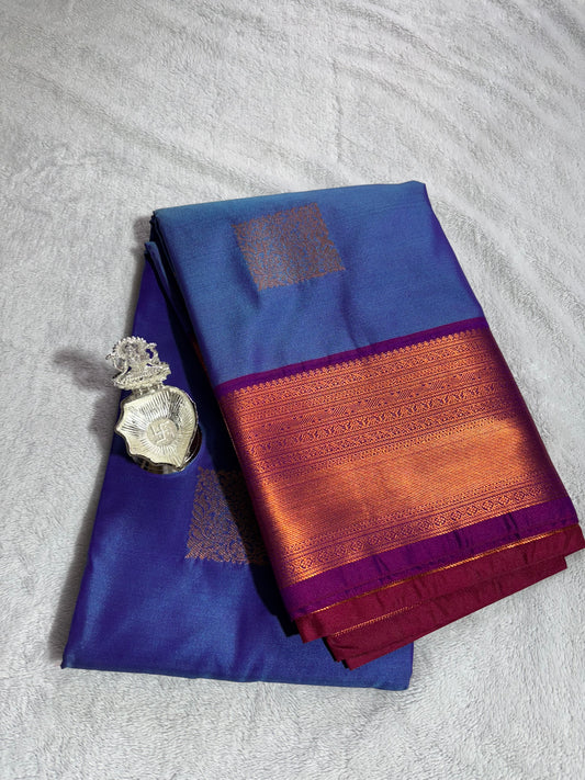 Blue with Maroon contrast blouse Kanchipuram handloom soft silk saree