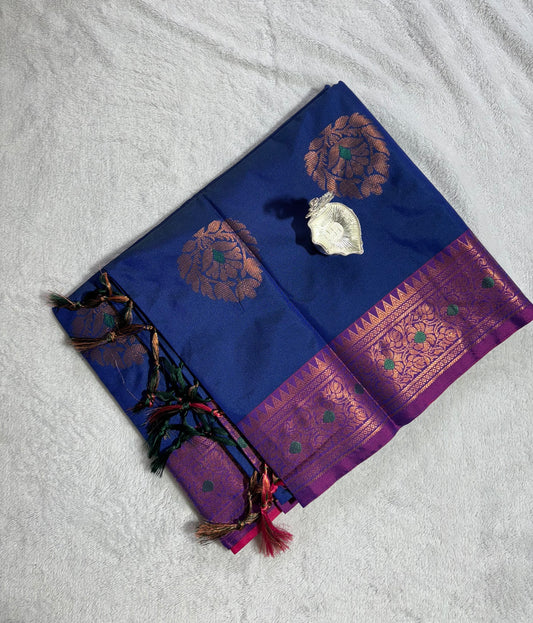Blue with pink contrast blouse soft silk saree
