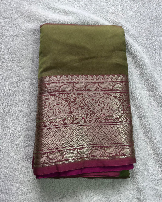 Light mehendi green with pink blouse semi silk saree