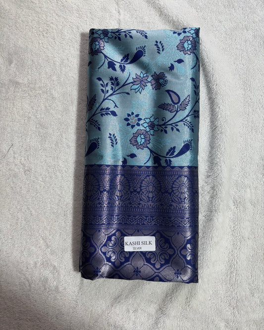 Sky blue with navy blue contrast blouse semi silk saree