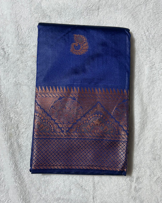Navy Blue Banaras silk saree with self blouse