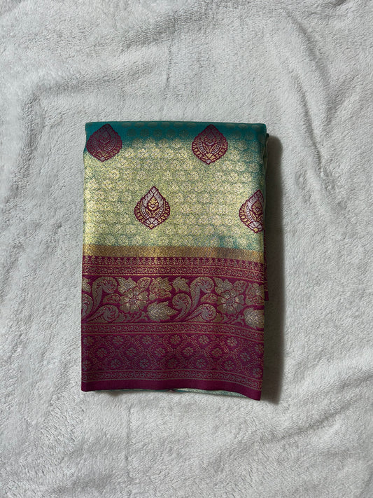 Rama Green with Maroon Banaras Kanchipuram silk saree