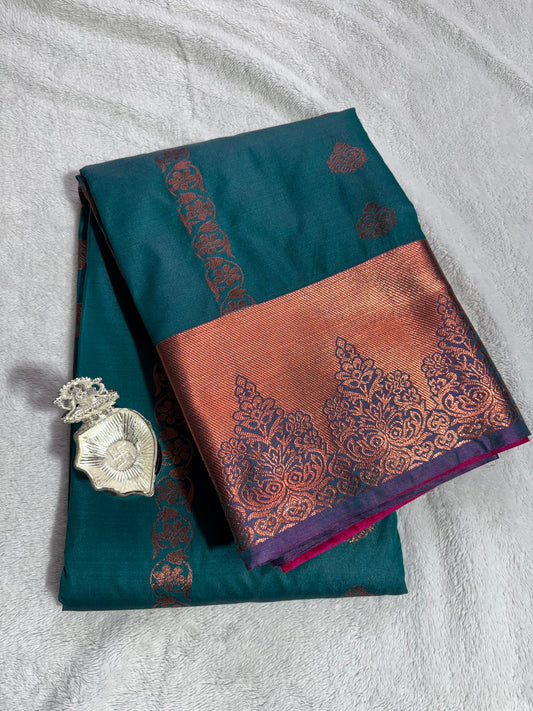 Kanchipuram handloom soft silk saree Green with Rani pink