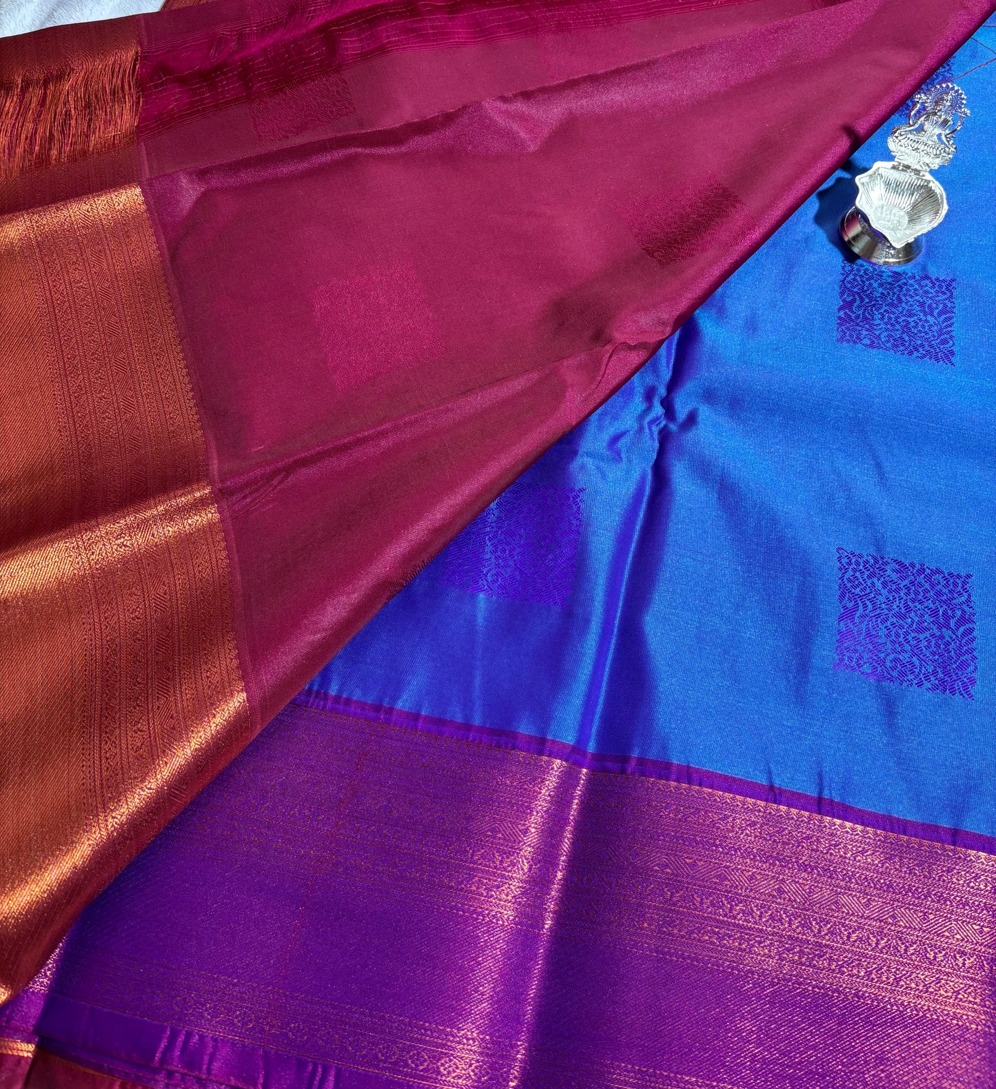 Blue with Maroon contrast blouse Kanchipuram handloom soft silk saree