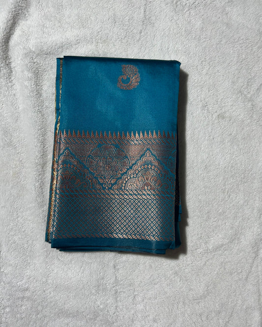 Turquoise blue banaras silk saree with self blouse
