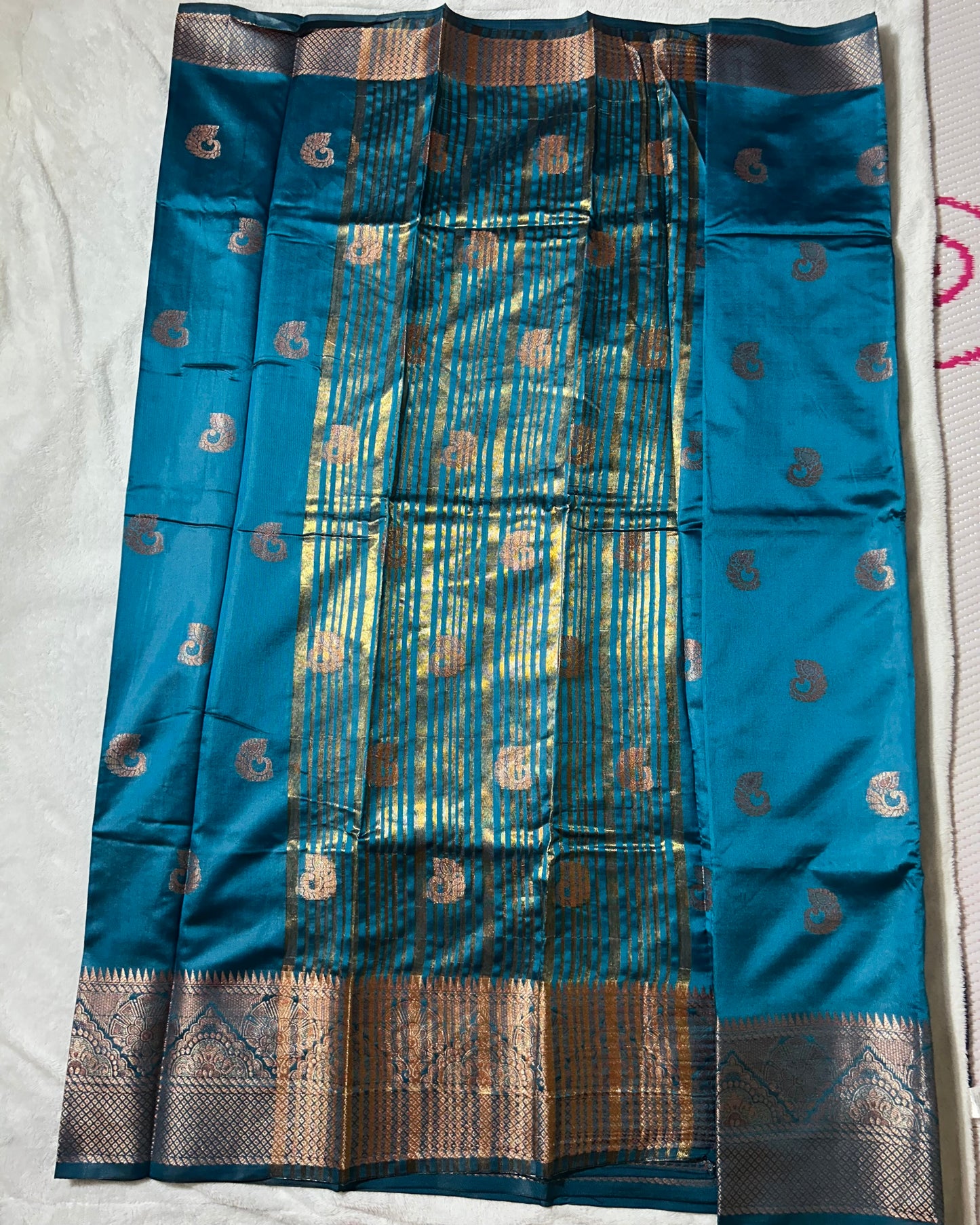 Turquoise blue banaras silk saree with self blouse