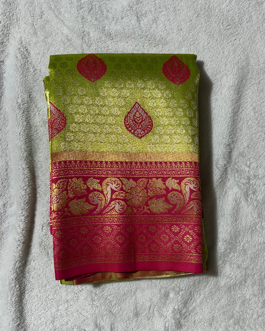 Parrot Green with Pink Banarasi Kanchipuram silk saree