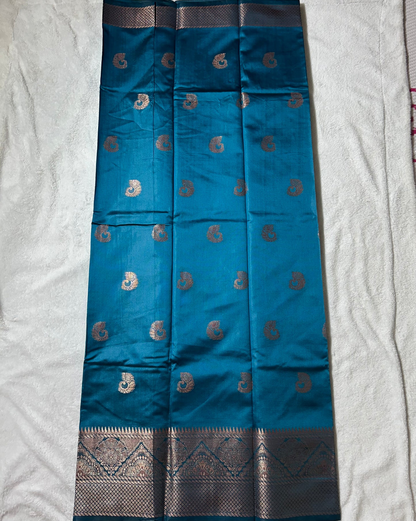 Turquoise blue banaras silk saree with self blouse
