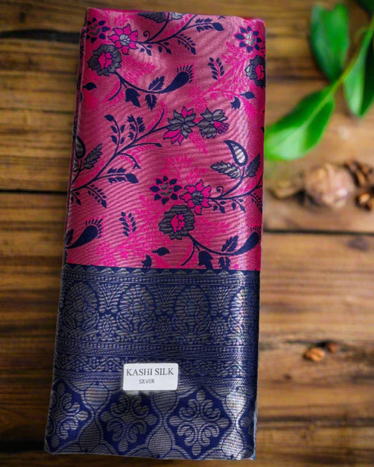 Pink with navy blue contrast blouse semi silk saree