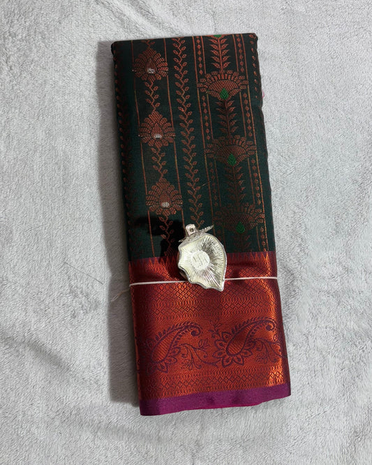 Dark green with pink brocade blouse semi silk saree